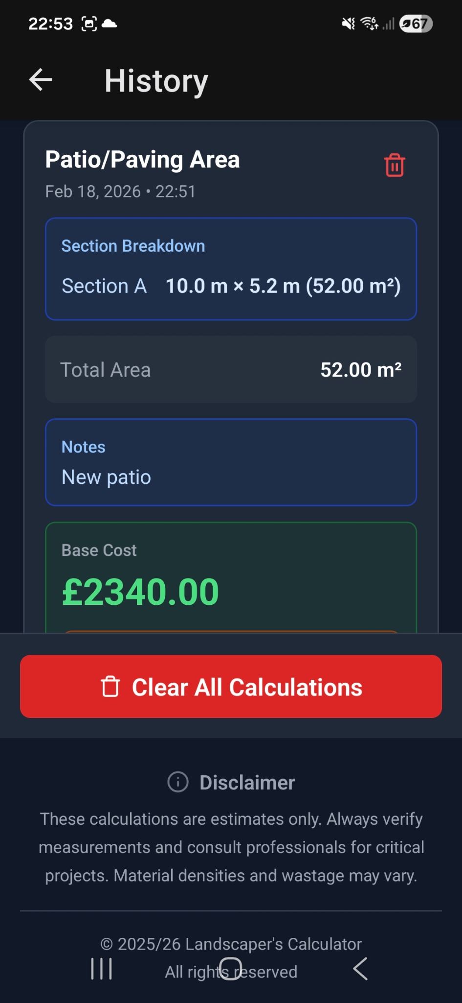 Landscape Calculator Pro history screen showing a saved patio paving calculation