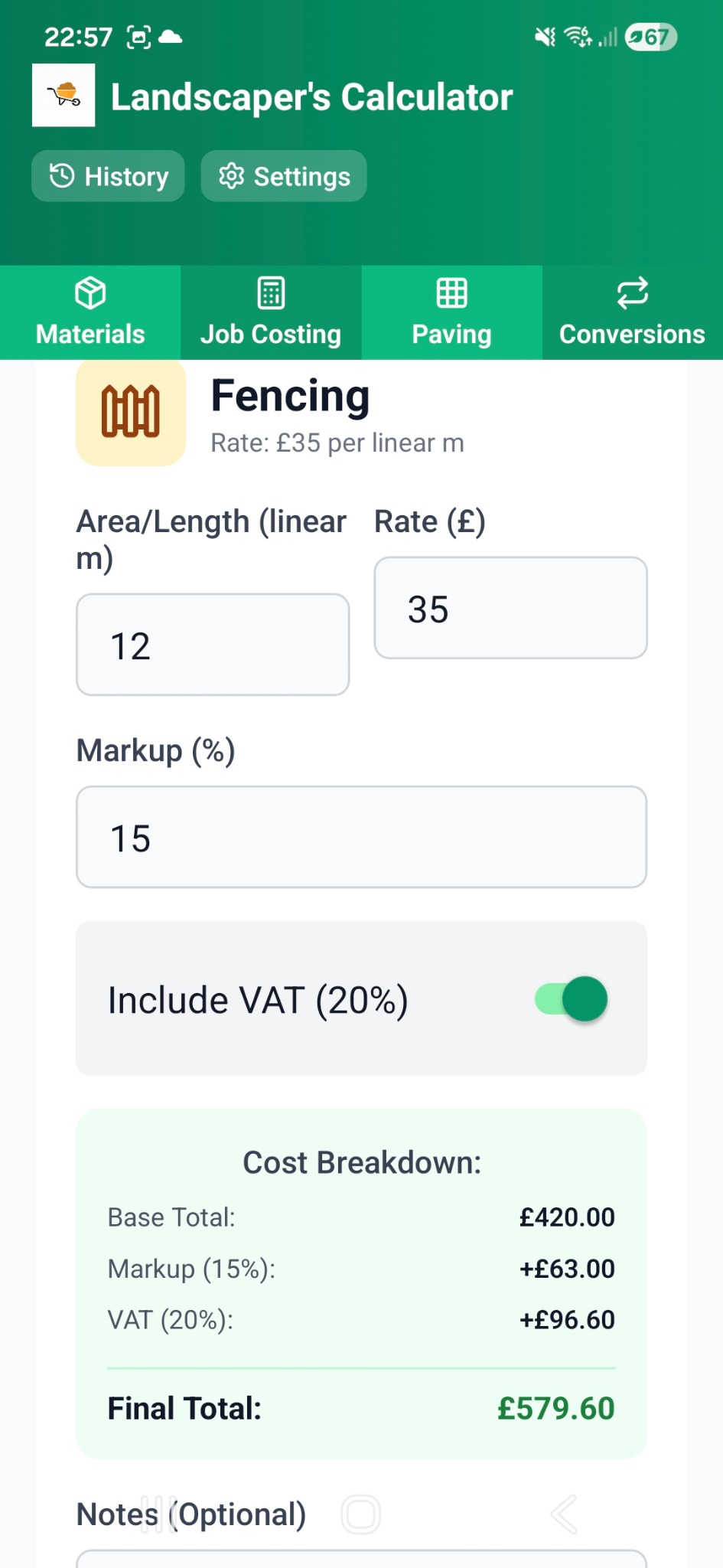 Landscape Calculator Pro fencing job costing showing rate, markup, VAT and final total