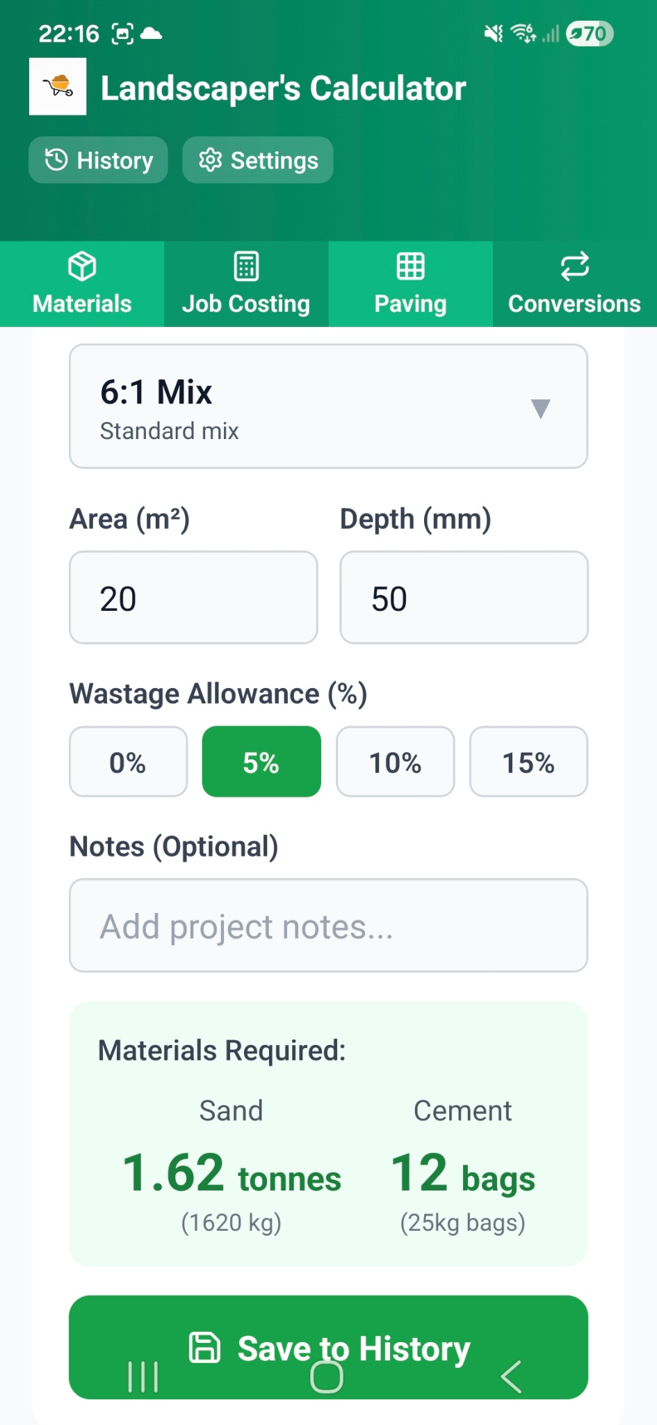 Landscape Calculator Pro materials calculator showing a 6 to 1 mix calculation with sand and cement quantities