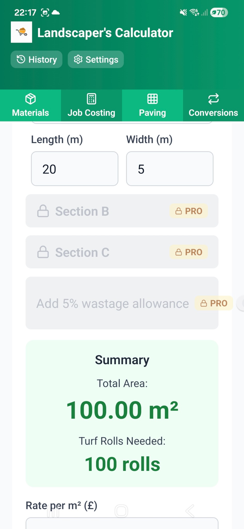 Landscape Calculator Pro turf calculation showing multi-section Pro features and turf roll quantity