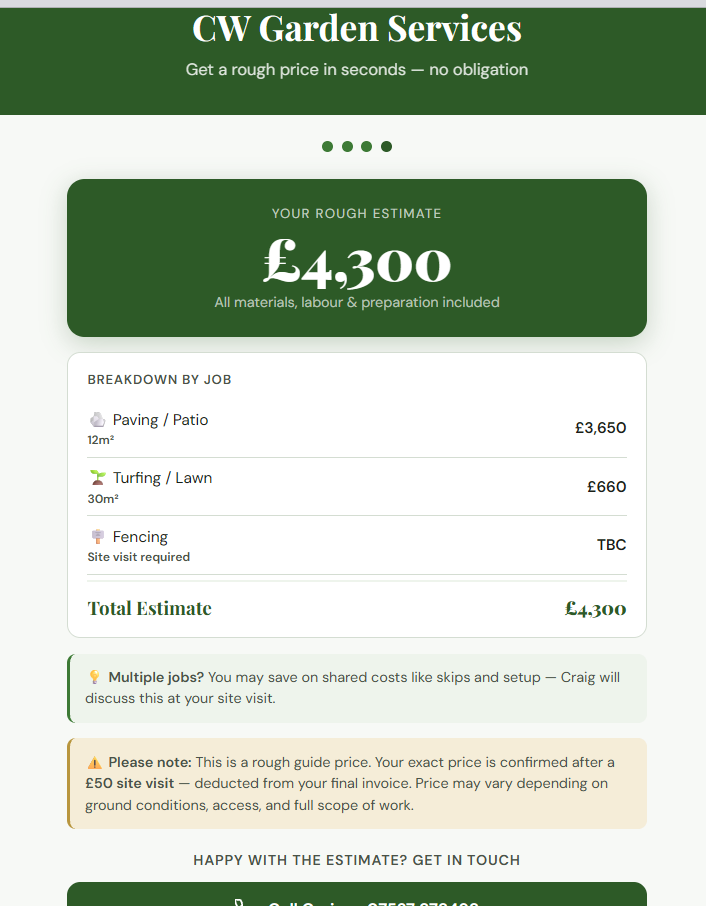 Real Landscaper Estimator result screen showing a £4,300 indicative estimate with paving, turfing and fencing breakdown
