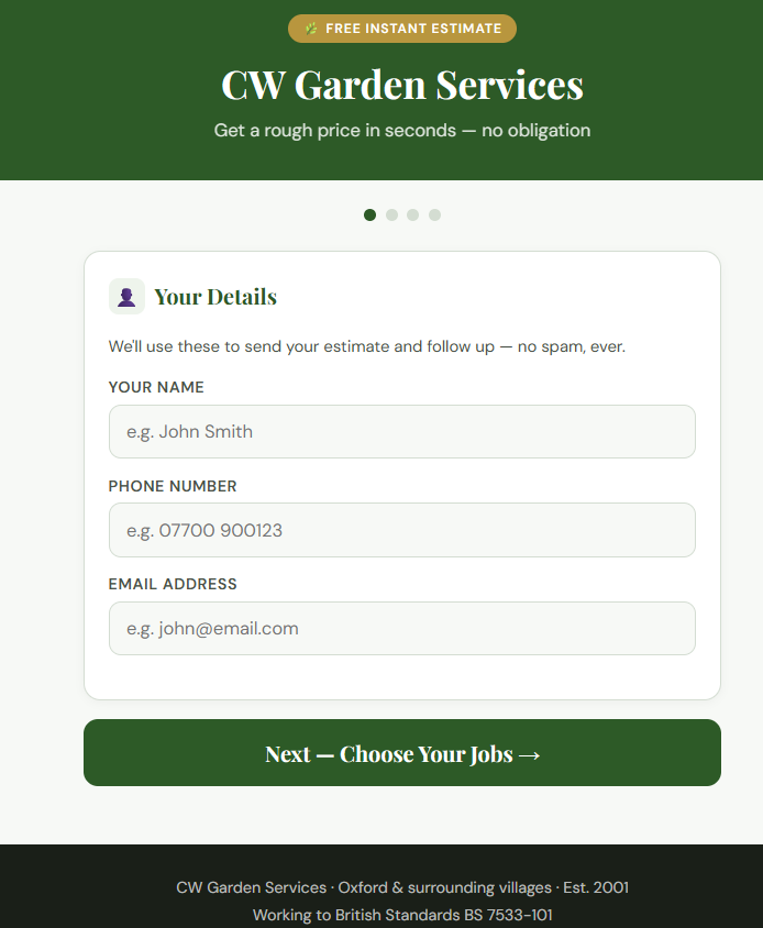 Landscaper Estimator opening screen asking for customer details